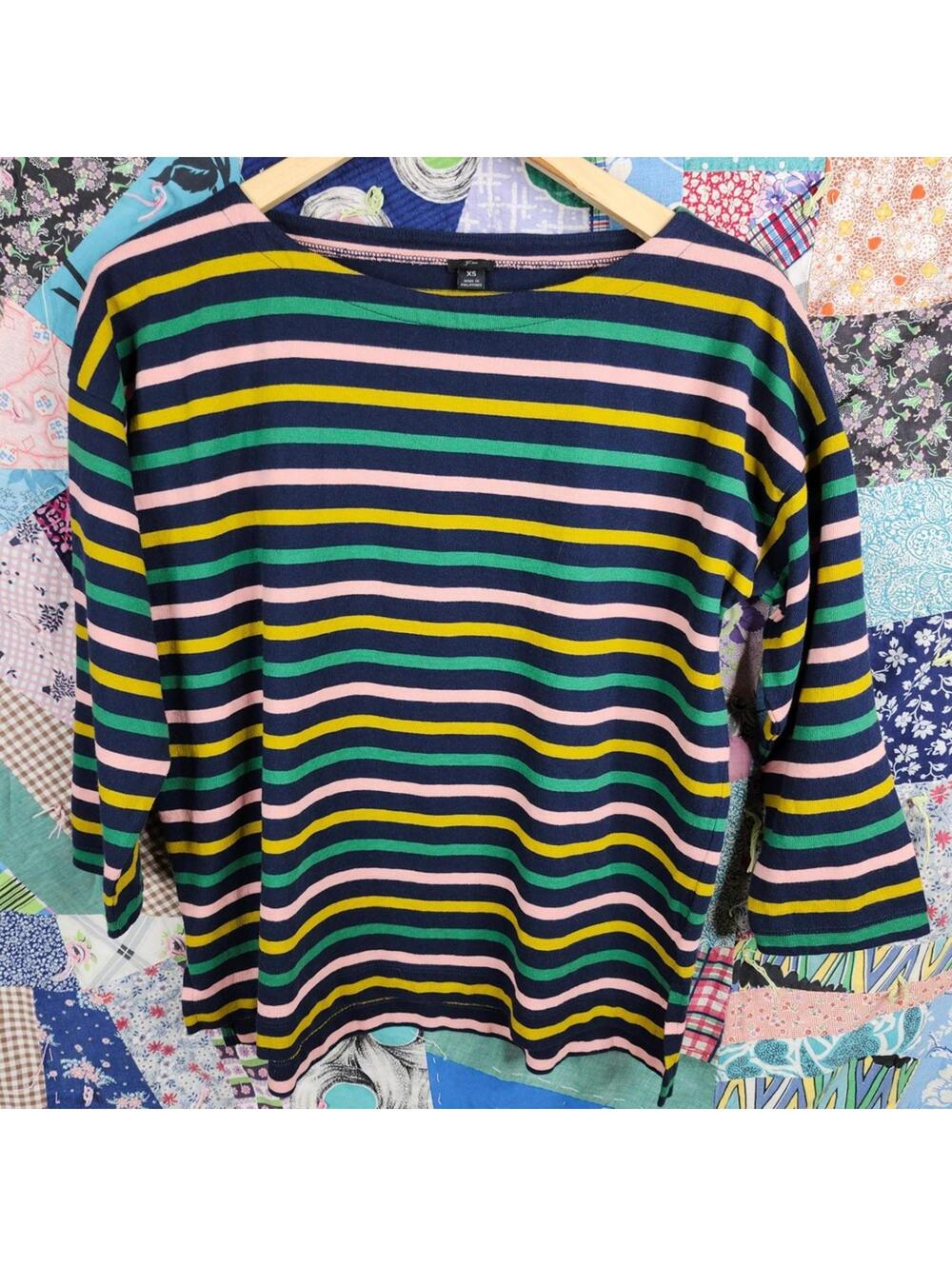 J.Crew Women's Navy Green Pink Yellow Striped Knit Long Sleeve Top XS
